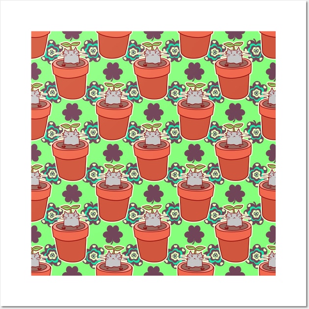 Cute Potted Cat Plant Clover Pattern Wall Art by saradaboru